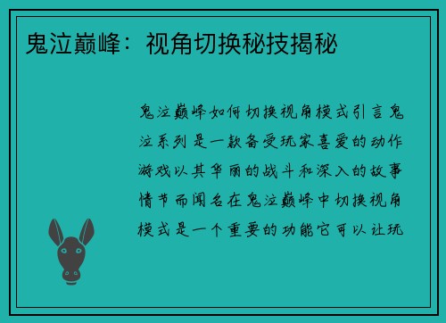 鬼泣巅峰：视角切换秘技揭秘