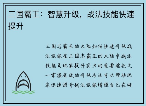 三国霸王：智慧升级，战法技能快速提升
