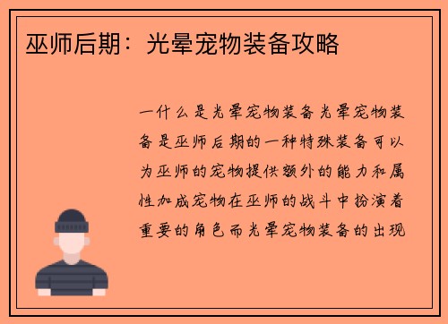 巫师后期：光晕宠物装备攻略