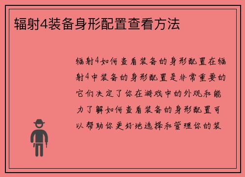 辐射4装备身形配置查看方法